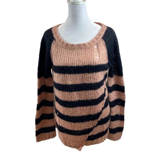 Pam & Gela Distressed Striped Asymmetrical Hem Sweater Small Wool Blend - Picture 10 of 12
